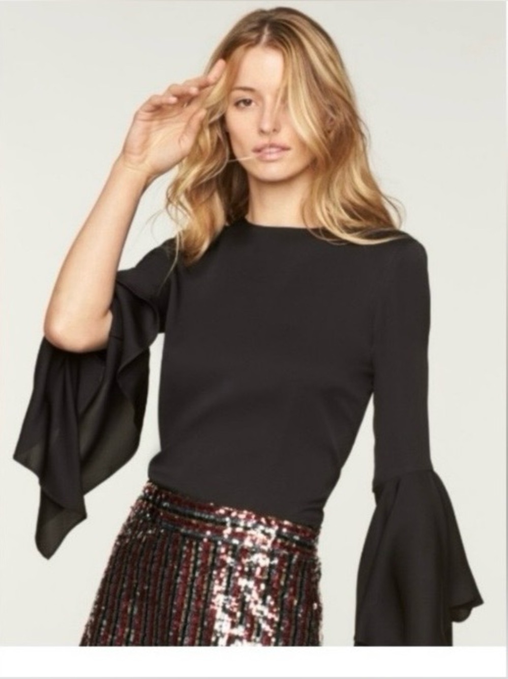 MILLY Bergdorf Goodman Silk Black Ruffle Bell-Sleeve Top Sz 4.